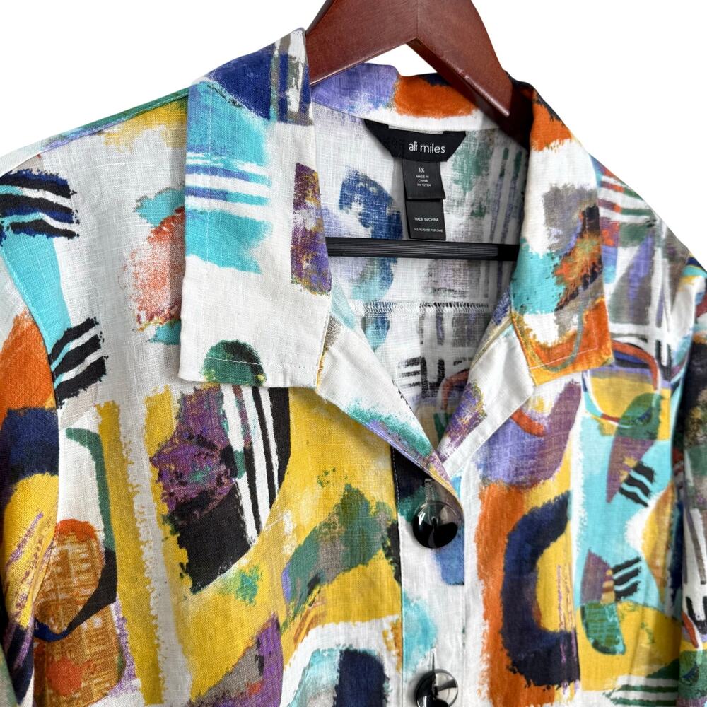 Ali Miles Plus Size 1X LINEN BLEND Abstract Blouse Shirt Top Wearable Art Artsy - Picture 5 of 10